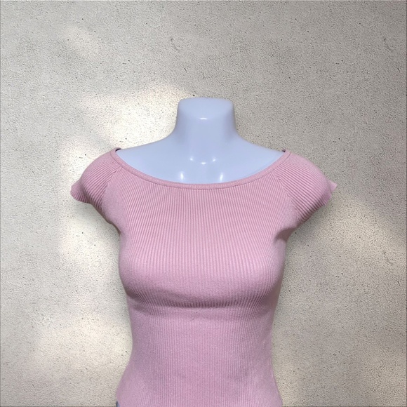 Emerson Lang Baby Pink Boat Neck Rib Knit Cap Sleeve Top - Picture 2 of 6